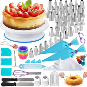 100Pcs Cake Decorating Supplies Kit - Cake Turntable Set with 48 Icing Piping Tips, 20 Disposable Pastry Bags, 2 Couplers, Baking Tools for Begin