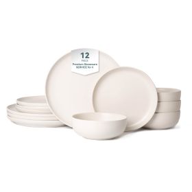12-Piece Stoneware Dinner Plates Bowls Sets | Microwave & Dishwasher Safe | Non-Toxic Dinner Plates Bowls Set | Stackable Matte Glaze Kitchenware (Main Material: Stone, Main Color: White)
